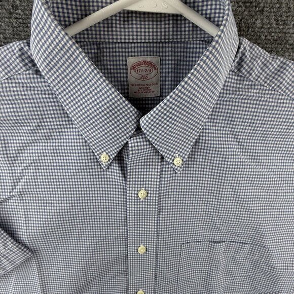 Brooks Brothers 17.5 Blue Check All Cotton Button Up Shirt Non Iron Woven Adult - Picture 1 of 14